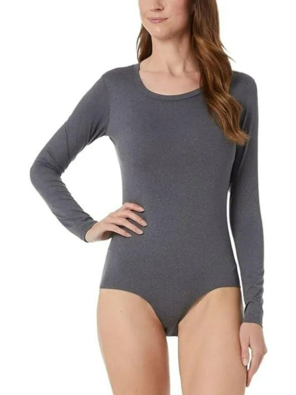 32 Degrees NEW Women's Sz S Heat Long Sleeves Scoop-Neck Bodysuit Gray Body Suit